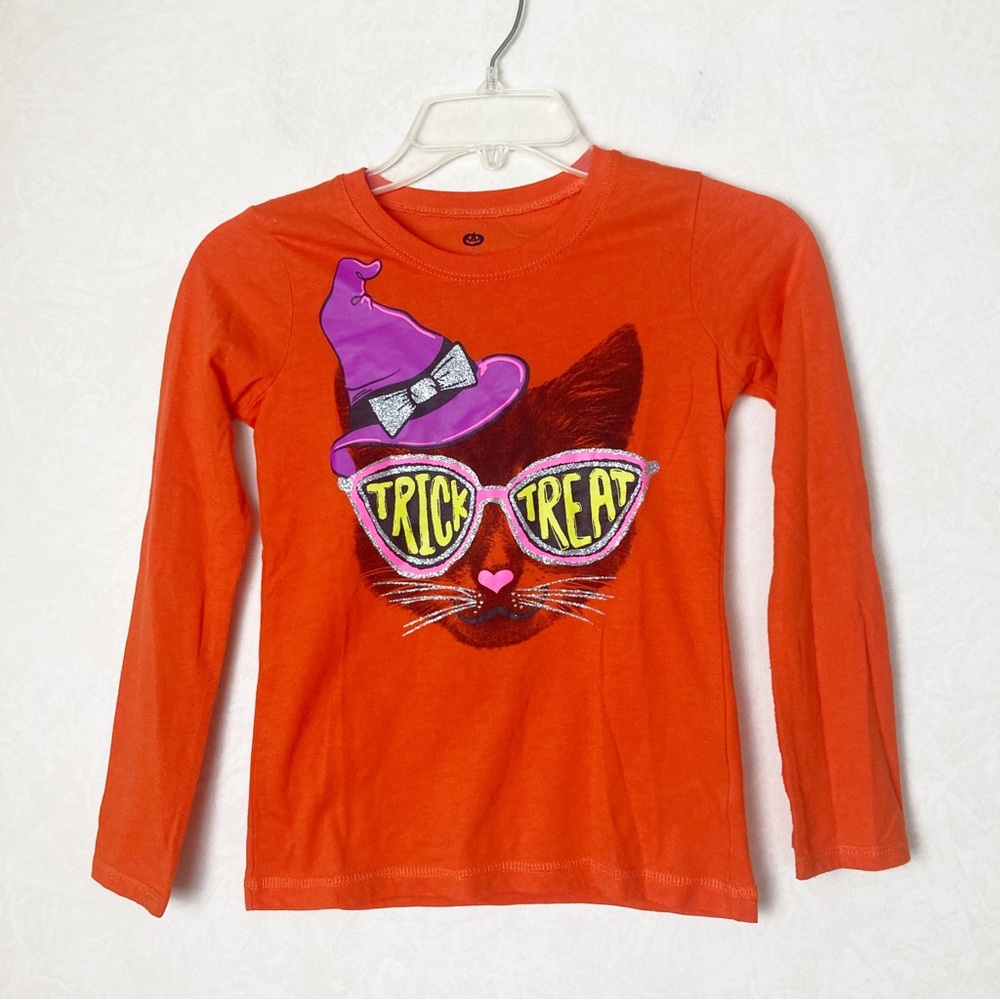 Halloween Orange Trick Or Treat Cat Long Sleeve Shirt Girl Size 7/8